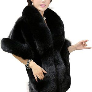 EUC Women's Black Luxury Faux Fur Shawl Wrap Cape Stole Winter Wedding Party